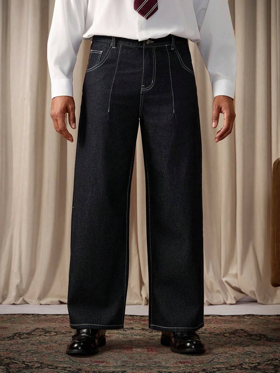 RivetRise Men's Black Casual Loose Fit Pocketed Baggy Wide Leg  Two Tone Jeans For Boyfriend - Dark Wash - View 1