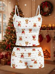 SHEIN EZwear 女士蕾丝边吊带背心和褶皱短裤两件套，可爱圣诞熊印花，适合圣诞节、派对、秋冬季穿着。 - 彩色 - 查看 5
