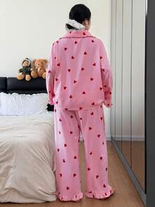 Plus Size Women Mushroom Collar Striped Heart Print Pajama Set, Fall & Winter Clothes - Multicolor - View 2