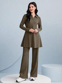 Graceveil Ladies' Solid Color Top And Wide Leg Pants Two Pieces Set 2 Pieces Set Modest - Brown - View 5