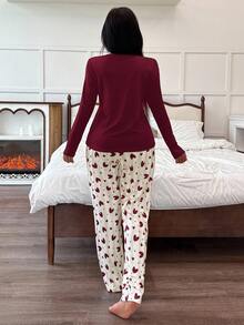 Heart Print Casual Round Neck Long Sleeve Pajama Set For Women, Winter Clothes - Red - View 2
