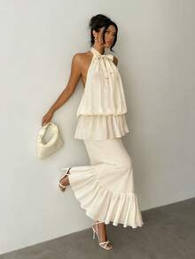 INAWLY Women's Solid Color Halter Elegant Ruffle Hem Maxi Dress - Ivory White - View 1