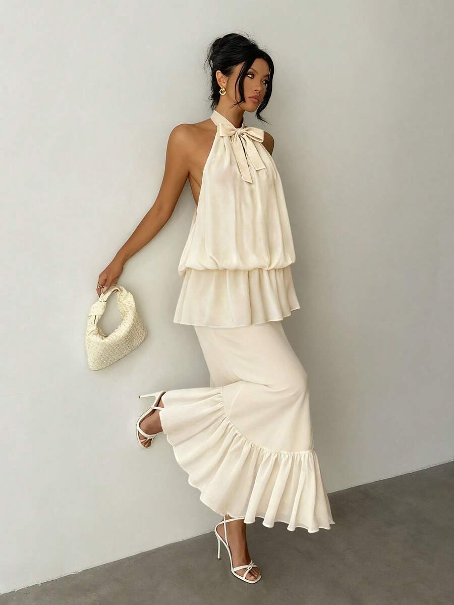 INAWLY Women's Solid Color Halter Elegant Ruffle Hem Maxi Dress - Ivory White - View 1