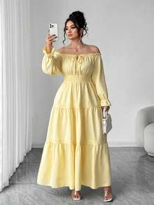 Elenzga Váy trễ vai thanh lịch cỡ lớn, tôn dáng cho kỳ nghỉ biển - Màu vàng - Xem 7