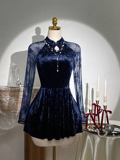 Elamini 女士黑色丝绒高档撞色蕾丝中式立领纽扣设计收腰A字裙摆性感欧美优雅中式派对迷你连衣裙