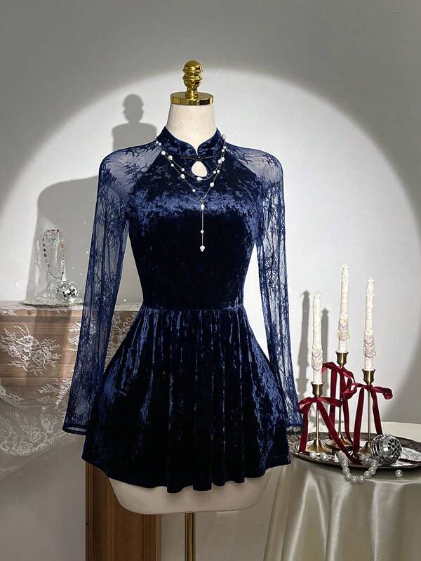 Elamini 女士黑色丝绒高档撞色蕾丝中式立领纽扣设计收腰A字裙摆性感欧美优雅中式派对迷你连衣裙