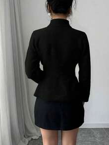 Elenzga Elegante suéter con mangas de campana, cintura ceñida, decorado con botones verdes y dorados, para otoño/invierno - Negro - Ver 2