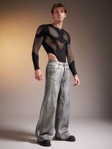 FeverCity Men's Sexy Slim Fit Black Long Sleeve Mesh Jumpsuit - Black - View 5