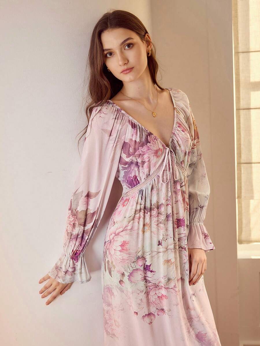 MOTF PREMIUM FLORAL PRINT FLOUNCE SLEEVE NIGHTGOWN - Pink - View 1