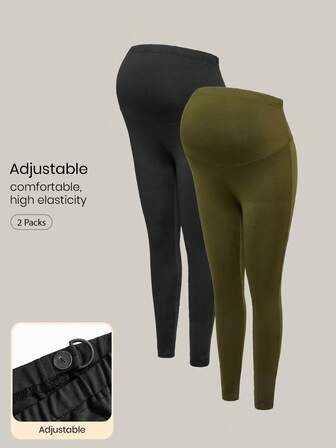 Modmama 2pcs Solid Elastic Waist Leggings, High Stretch Skinny Pants For Pregnant Women, Autumn/Winter
