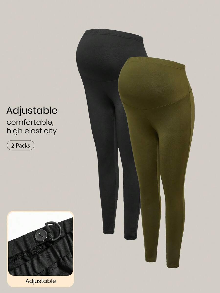 Modmama 2 件套纯色弹力腰紧身裤，孕妇高弹力紧身裤，秋冬款 - 軍綠色 - 查看 1