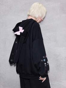 ROMWE Avant Y2K 坏坏朋克可爱蝴蝶结骷髅兔像素星星月亮爱心猫狗刺绣水钻兔耳宽松卫衣外套 - 黑色 - 查看 3