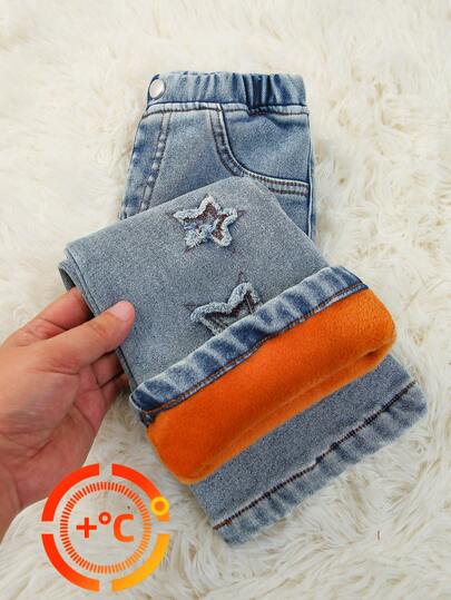 SHEIN 女童新款蓝色水洗休闲紧身俏皮可爱双层五角星原创牛仔布贴花刺绣喇叭裤，薄款拉绒复合面料，舒适日常穿着，简约时尚百搭