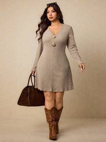Elaquor Vestido casual de manga larga de unicolor para mujer de talla grande - Albaricoque - Ver 5