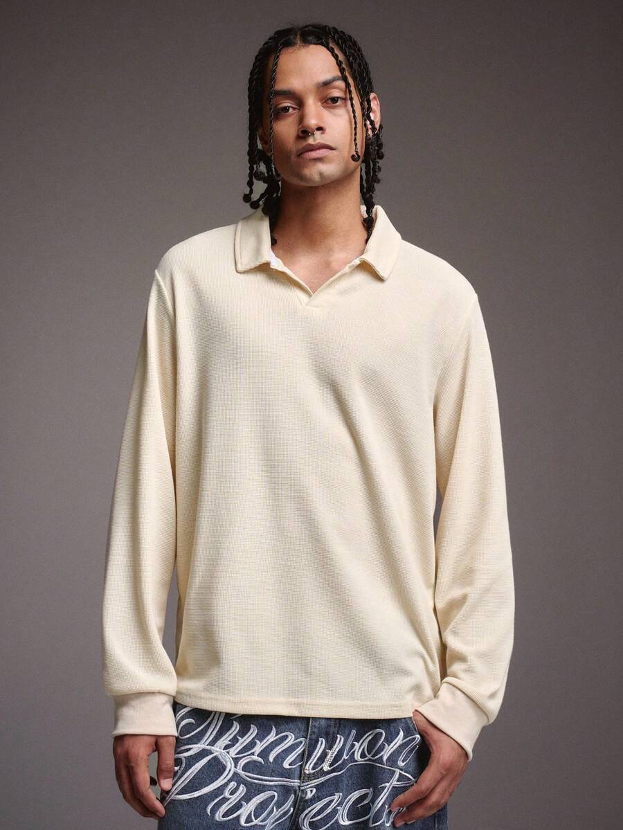 STYNVO Einfarbiges, lässiges, weites Langarm-Poloshirt für Herren, Herren-Shirts, Oversized-Sweatshirts, Waffelpullover mit Langarm, Herren-Strickhemd - Beige - Übersicht 1