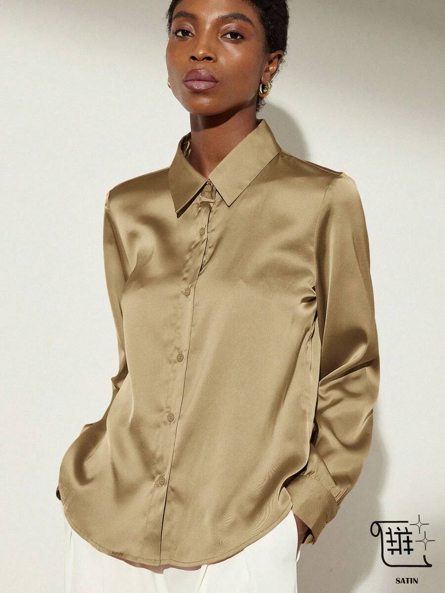 Aveloria Modichic Kemeja Lengan Panjang Kancing Depan Warna Polos untuk Pesta Liburan, Pakaian Wanita - Khaki - View 1