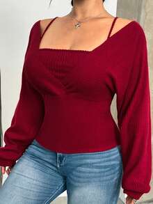 GalTyme Plus Size Christmas Burgundy Top,Autumn Smart Casual Off Shoulder Ribbed Sweater,Night Out Club Chic Elegant Red Warm Comfortable T-Shirt For Women - Red - View 3