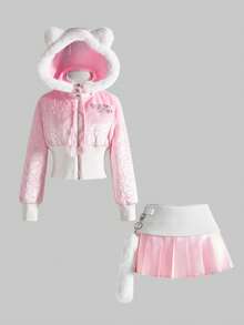 ROMWE Avant Y2K复古夜店电子音乐派对短款外套和迷你裙两件套，女士秋冬装 - 粉色 - 查看 1