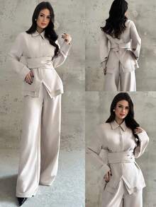 Firerie 女士优雅精致的通勤办公室服装，新款翻领收腰开衩下摆长袖衬衫和高腰阔腿裤杏色两件套，秋冬 - 杏色 - 查看 1