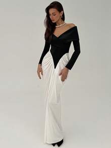 Aloruh Đầm dài thanh lịch thiết kế khối màu đen trắng cho nữ, tay dài một bên vai, ôm eo, viền đuôi cá, thích hợp cho các buổi đi chơi hàng ngày, tiệc cocktail, hộp đêm và tiệc tùng - Đen và trắng - Xem 6
