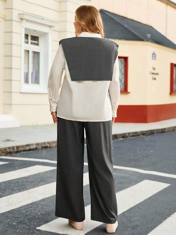 プラスサイズ レディース 長袖 シングルブレスト カジュアル/ワークシャツ