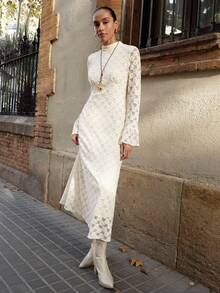 Maija 女士优雅半透明纹理喇叭袖连衣裙，秋季 - 杏色 - 查看 2