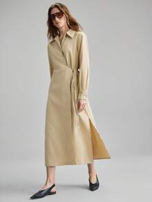Ontre 2026春夏新款女士中长连衣裙，卡其色、纯色、咖啡色，简约优雅，适合各种场合，包括节日派对、办公、职业装、休闲女装、百搭都市风、宾客装、返校季、舒适休闲、通勤必备、时尚百搭女装、外套、系带、纽扣、开衩。 - 卡其色 - 查看 5