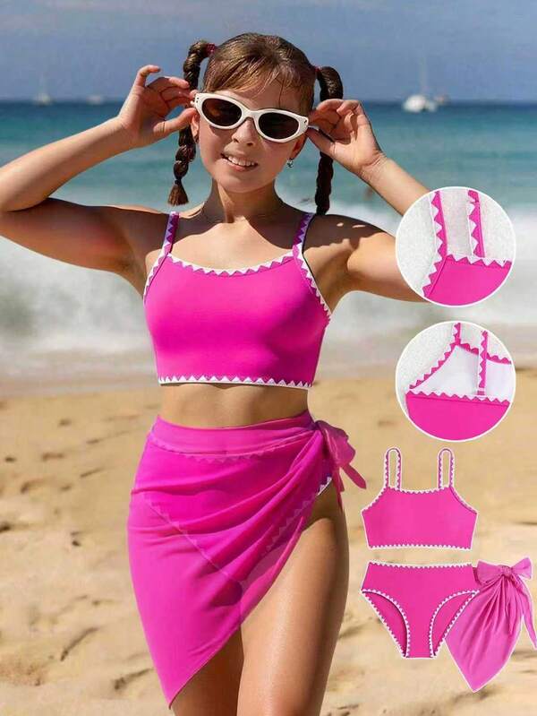 Conjunto de bikini de 3 piezas para niñas preadolescentes, traje de baño de moda con parte superior de punto de unicolor y bordado