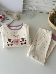 DAZY Set de 2 piezas de ropa de niña joven con cuello redondo y estampa de oso, ropa de niña joven para otoño - Beis - Ver 4