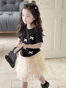 DAZY 2 Stücke/Set Süßes Outfit für Kleine Mädchen mit Schleifendekor, bestehend aus schlankem Kurzarm T-Shirt + Tüllrock, Herbst - Schwarz - Übersicht 4