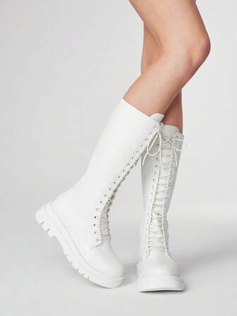 Goth Stivali alti da donna alla moda con lacci, con suola spessa e tacco chunky