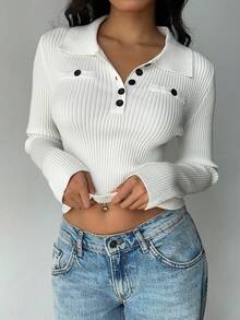 SHEIN MOOSTA Áo len dài tay ôm sát tối giản đa năng dành cho nữ - trắng - Xem 3