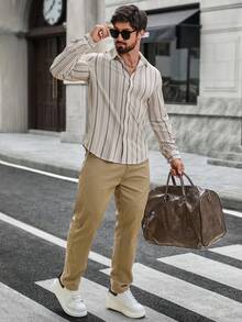 Manfinity CasualCool 男士條紋印花鈕扣前襟休閒長袖襯衫，秋季復古老錢風大地色，日常度假週末旅行戶外襯衫 - 彩色 - 查看 9