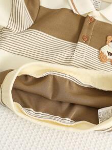 SHEIN 2pcs/Set Baby Boy Cute Striped Cartoon Pattern Polo Shirt And Elastic Waist Casual Sweatpants Set, Autumn/Winter