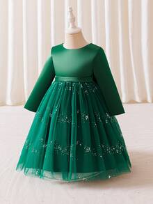 Glamorique Kids Young Girl Mesh Patchwork Bow Decor Elegant Long Sleeve Party Dress - Dark Green - View 4