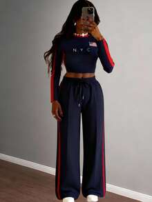 Slaydiva 2025 Automne et Hiver Nouveau Ensemble Deux Pièces Casual Slim Fit Bleu Marine et Rouge Ruban Motif Lettre Col Rond Manches Longues T-Shirt + Pantalon Fuselé à Taille Haute et Jambes Larges Plissé. Convient pour la rentrée scolaire, les tenues de rave, Halloween, Noël, sortie, tenue d'anniversaire, brunch pour femmes, soirée, tenues quotidiennes, tenues de club sexy pour femmes, rendez-vous - bleu indigo - Voir 5