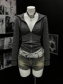 EgrlEra 女士时尚条纹印花拉链连帽长袖卫衣 - 深灰色 - 查看 1