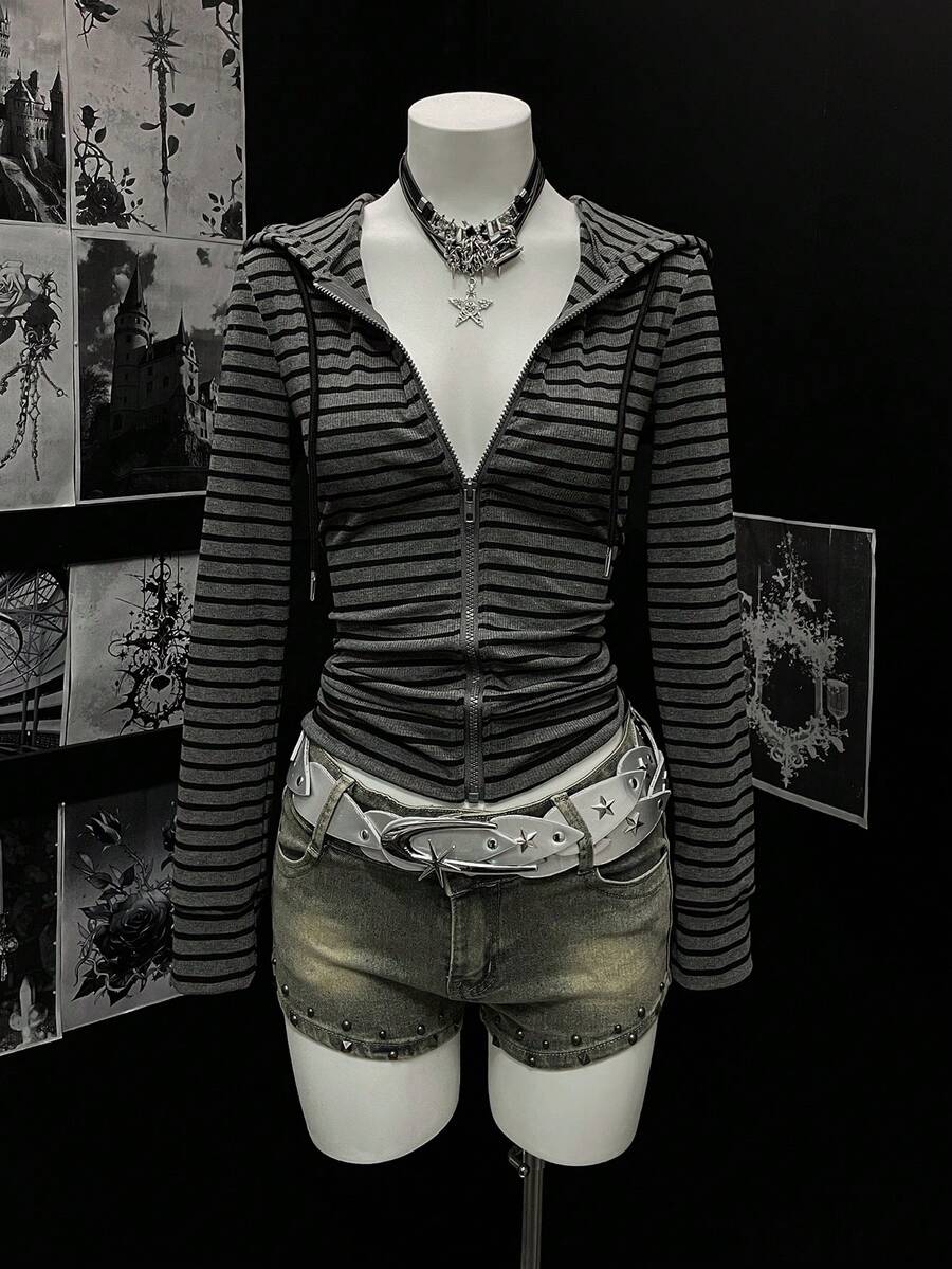 EgrlEra 女士时尚条纹印花拉链连帽长袖卫衣 - 深灰色 - 查看 1