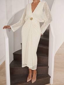 Modelyn 女式纯色深V领优雅长袖连衣裙 - 杏色 - 查看 4