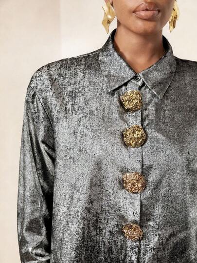 SHEIN Plus Size Silver-Color Metal Decor Button-Up Shirt, Urban Elegant