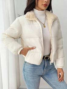 Comfortcana 大码女士休闲蓬松短款夹棉大衣，百搭日常居家穿搭，秋冬季