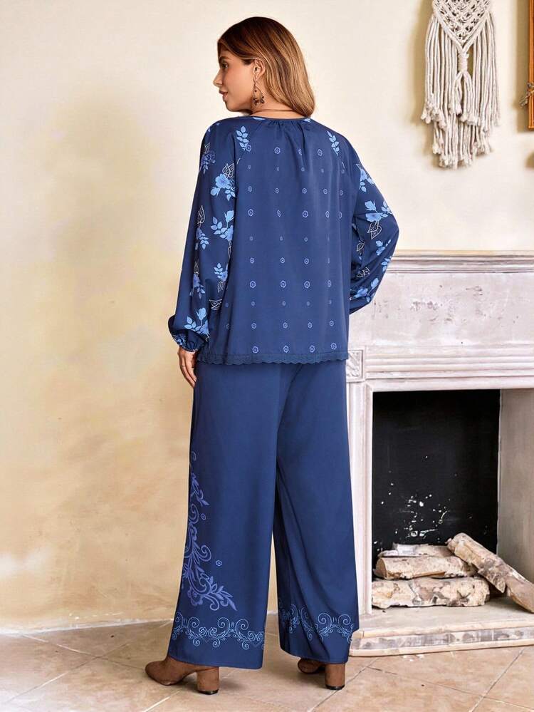 Plus Size Women Floral Print Long Sleeve Shirt And Wide Leg Pants Casual 2 Pieces Set, Autumn/Winter,2025 New