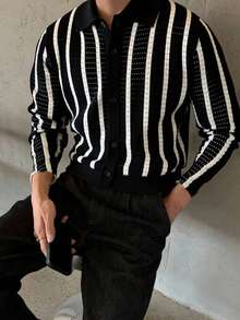 Claim Dot Men's Contrast Stripe Hollow Out Long Sleeve Cardigan Men Knitted Button Up Men Crochet Shirt Men Striped Long Sleeves Men White Stripe Shirt Men Black And White Shirt
