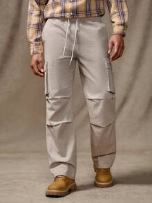 RivetRise Men's Casual Loose Straight Leg Accordion Pleated High-Rise Drawstring Waist Jeans, Beige, Hang Out Commute Cargo Denim Pants For Boyfriend & Husband - Beige - View 1
