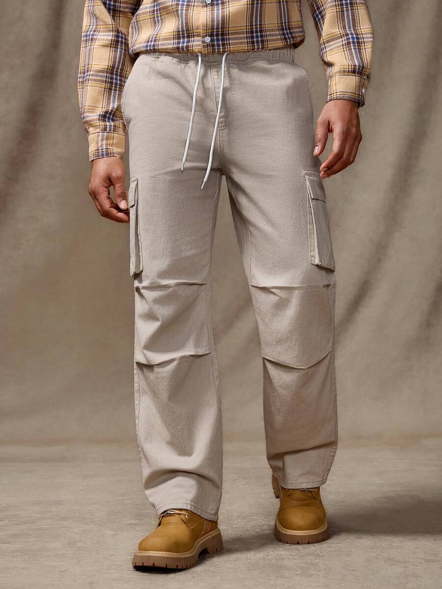 RivetRise Men's Casual Loose Straight Leg Accordion Pleated High-Rise Drawstring Waist Jeans, Beige, Hang Out Commute Cargo Denim Pants For Boyfriend & Husband - Beige - View 1