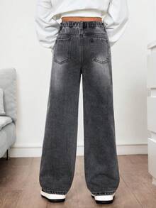Tween Girl Fashion Casual Y2k Vintage Cool Street Returns To School College Black Denim Loose And Comfortable Straight-Leg Jeans Dailywear Winter And Fall Rave Festival And Streetwear Washed Denim Baggy Grey Baggy Jeans - Black - View 2