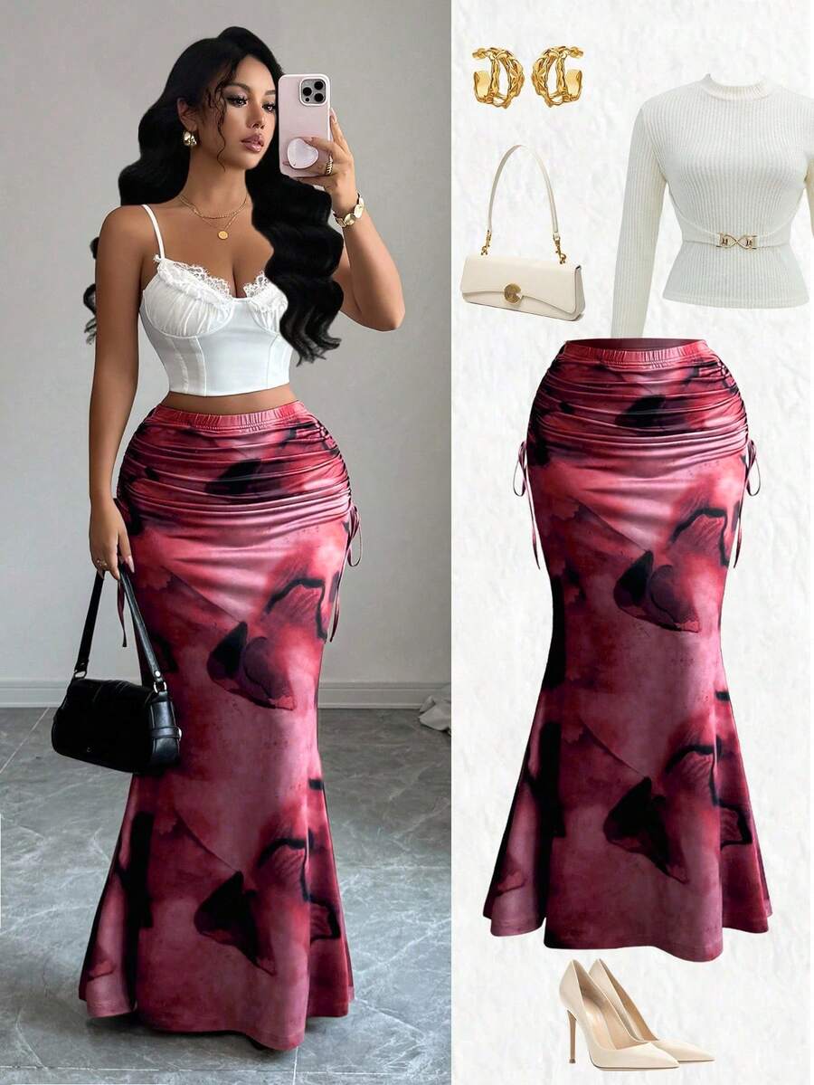 Elenzga 复古扎染印花褶裥高腰修身鱼尾裙，优雅别致的设计，适合女性，是春秋季返校季的理想之选。 - 酒紅色 - 查看 1