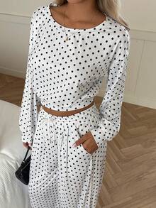 SHEIN EZwear 白色波尔卡圆点女式不对称肩上衣和休闲裤套装 - 白色 - 查看 6