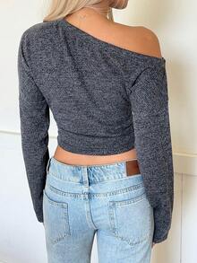 SHEIN EZwear Casual Versatile Short Fitted Knit One-Shoulder Women T-Shirt - Black - View 2