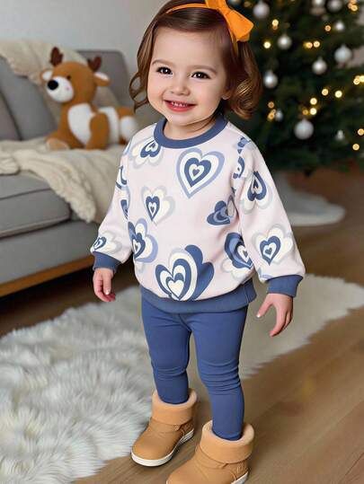 2pcs Baby Girl/Unisex Infant/Toddler 0-3Y Casual Chic Cute Heart Print Sweatshirt And Leggings Set, Suitable For Autumn/Winter, Daily, Outdoor, Homewear, Fashion